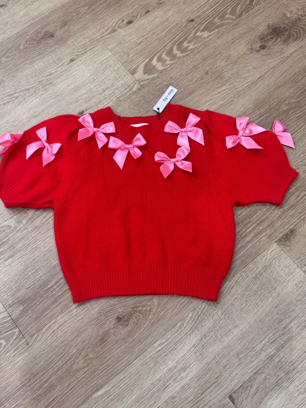 NWT Day + Moon Red Sweater Pink Satin Bow Coquette Girly Knit Size S
